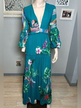 Banjul Teal Tropical Floral V-Neck Maxi Dress